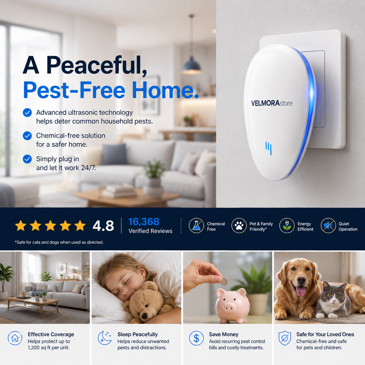 VELMORA™ Ultrasonic Pest Repeller – Helps Deter 14+ Common Household Pests