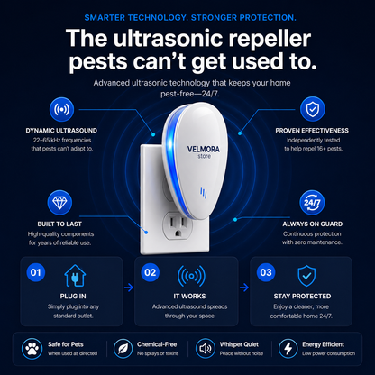 VELMORA™ Ultrasonic Pest Repeller – Helps Deter 14+ Common Household Pests